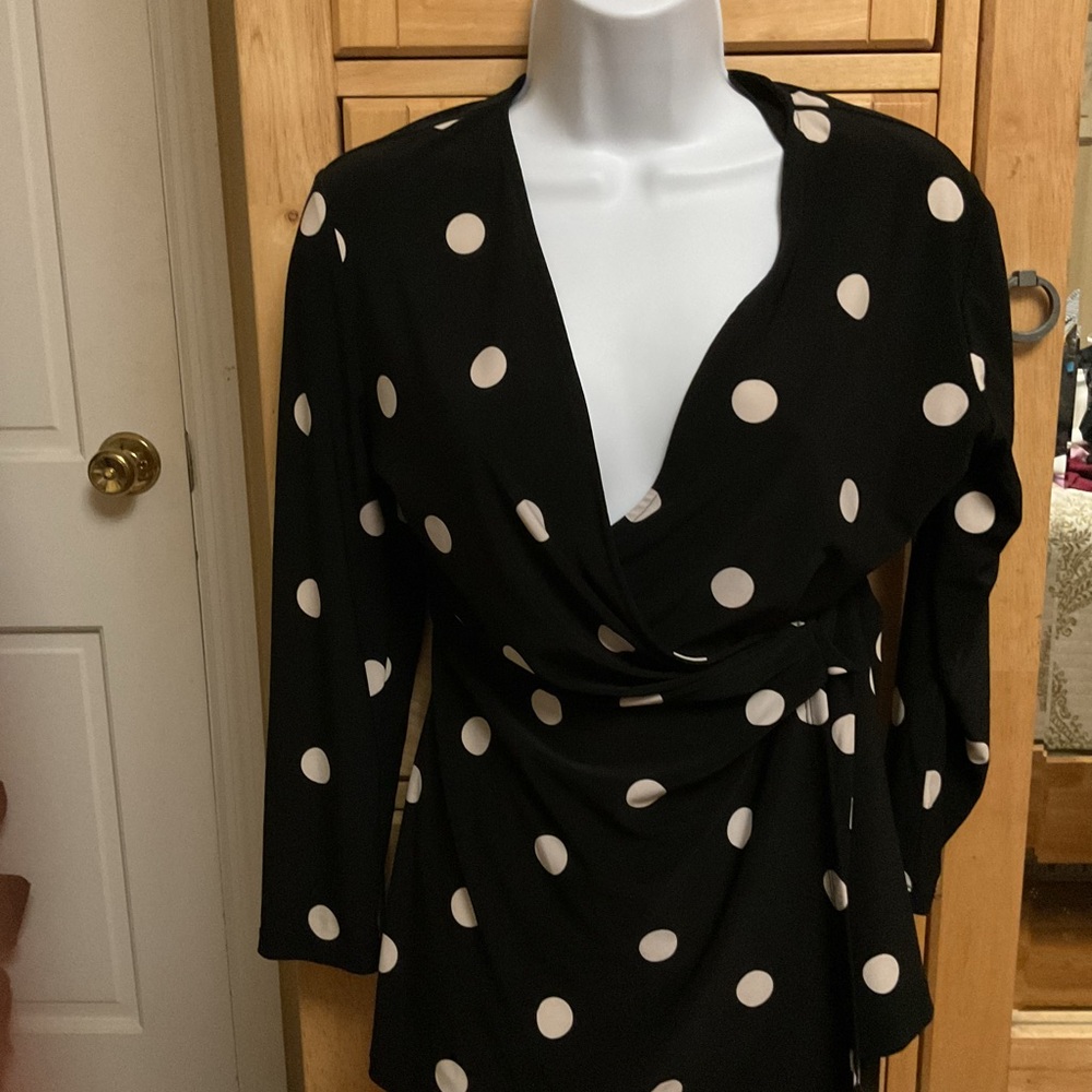 Anne Klein Black and Cream Polka Dot Wrap Top